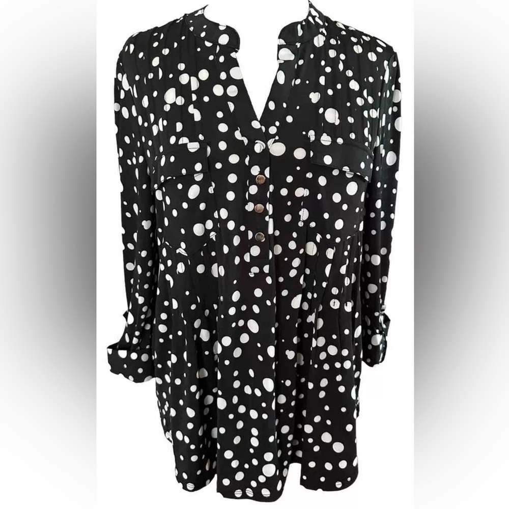 COCOMO Medium Black White polka dot 3/4 sleeve sleeve women's Pintuck Blo…
